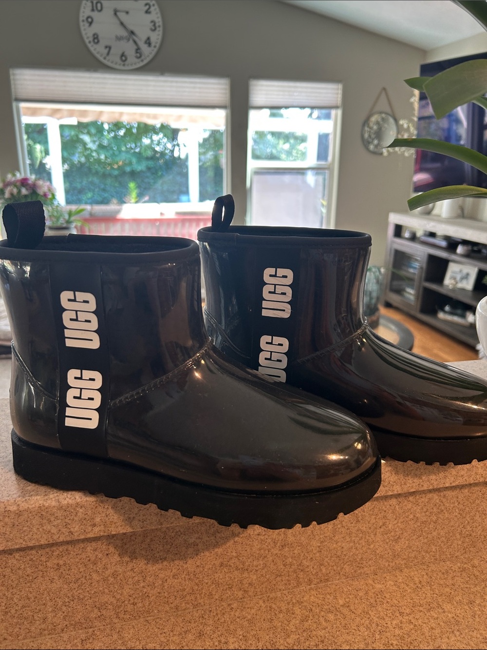 UGG Women’s Black Glossy Rain Boots with White Logo